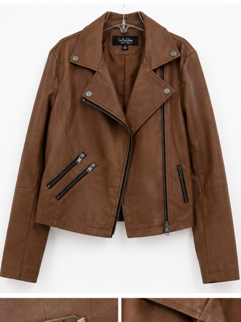 SMITH Brown Faux Leather Moto Jacket with Buckle Accents